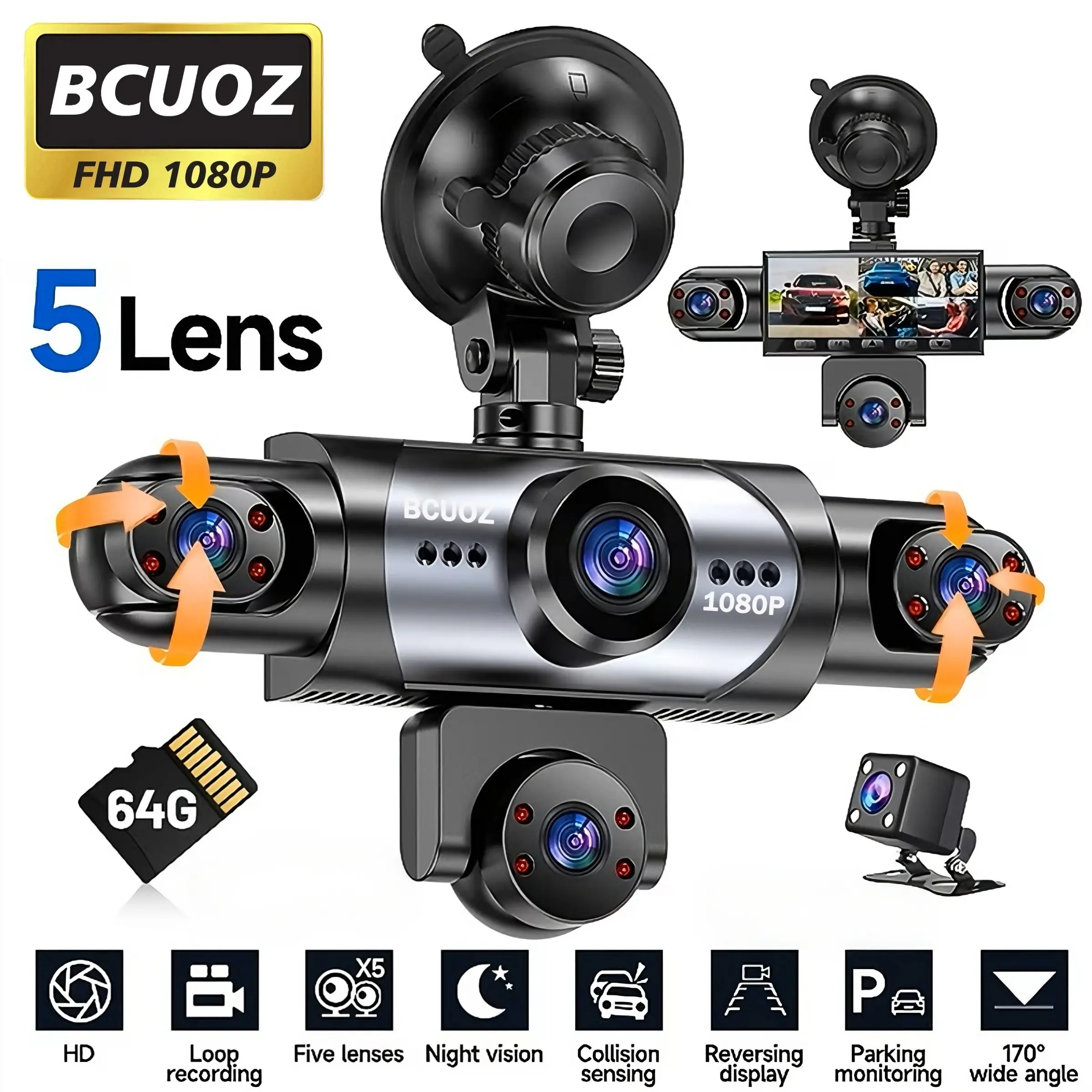 【Black Friday】Five-Channel Car Dash Cam, Front 1080P, Rear 720p, LED Display, Rechargeable Battery, Night Vision, Loop Recording, 64GB Memory Card, Dashcam For Cars