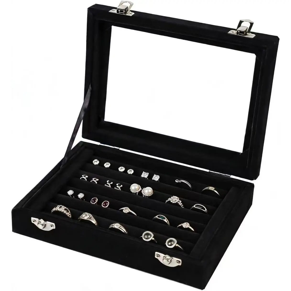 Box Rings Organizer Tray 7 Slots   Earring Storage Box With Transparent Lid  Display Case for Girls Women (Black)