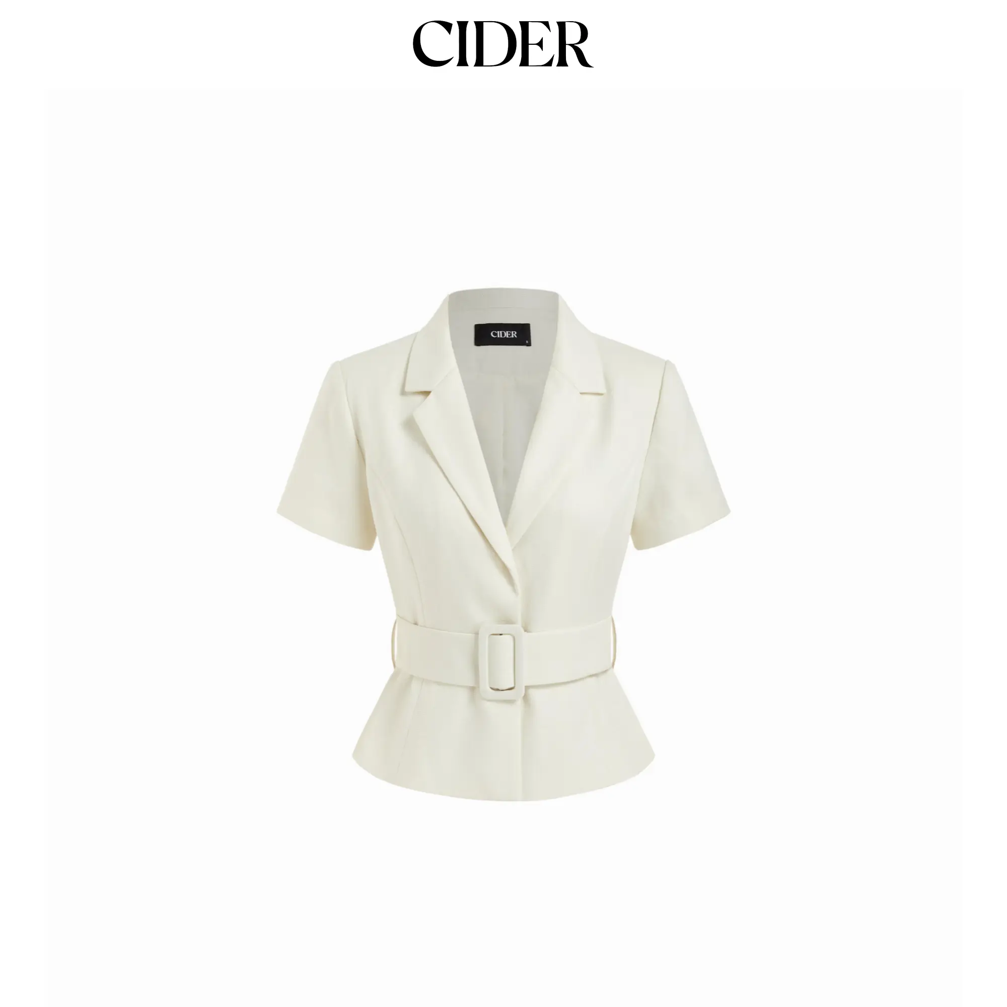 Cider Women's Elegant Fitted Peplum Blazer Jacket - Collared, Short Sleeve, Belt Closure, Shoulder Pads, Minimalist Basic Office Clothes, Fitted Blazer Jacket