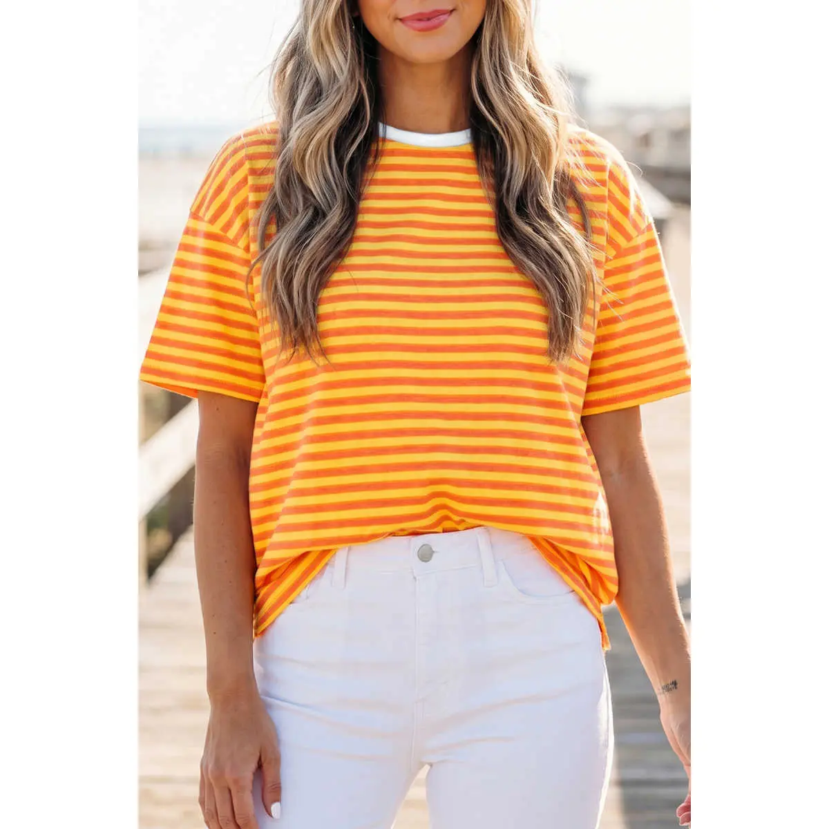 Women's Casual Cotton Striped Sky Blue Crew Neck Drop Shoulder Loose T-Shirt, Women's Top, Shortsleeve, Fit, Tshirt, Horizontal Stripe Women's T-Shirts