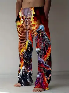 Men's Skull Print Casual Sleep Pants, Loose-Fit Comfortable Jogger Long Pants, All-Season Fashion Home Wear, Unlined Design