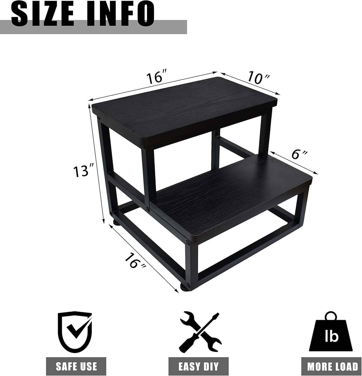 Step Stool, Bedside Steps for High Beds with Round Corners, 2 Steps Footstool for Adults, Metal and  Stepping Stool for Kitchen Bedroom, Load 500 LB, Black