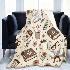1Pc Book & Coffee Cup Flannel Bedspread - Soft Book-Themed Blanket Suitable For All-Season Cozy Reading Nook Decor, Neutral Bed Covering (Books, Coffee Cups, Flowers & Leaves Patterns) - Machine Washable, 280GSM