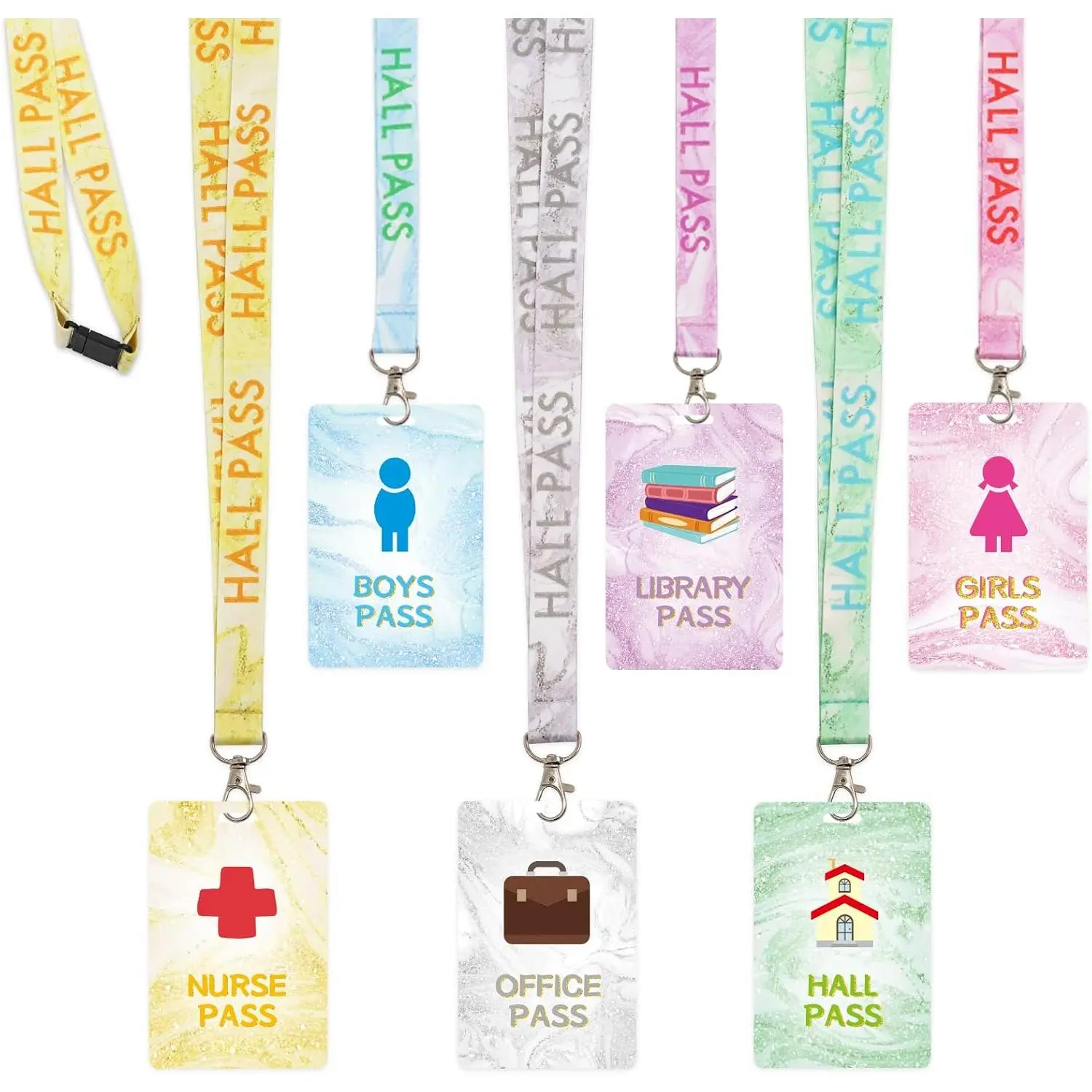 Hall Pass Lanyards with Breakaway Strap for Classroom Teachers and Students – Marble Style,  to School Set of 6
