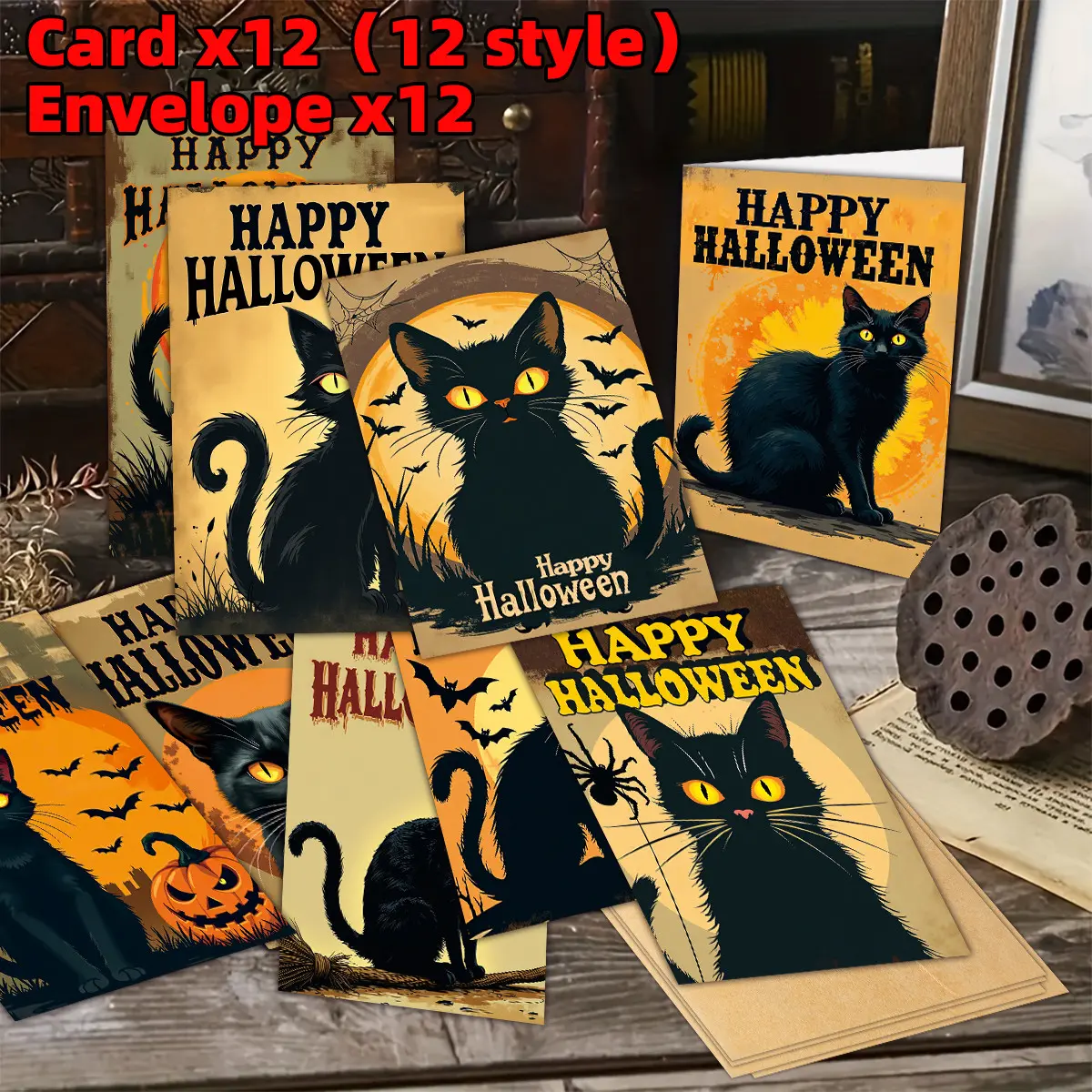 12pcs Gothic Halloween Witch Cat Theme Cards with Envelopes - Funny Happy Halloween Greeting Cards, Whimsical Black Cat Halloween Cards for Friends and Family, Halloween Gifts