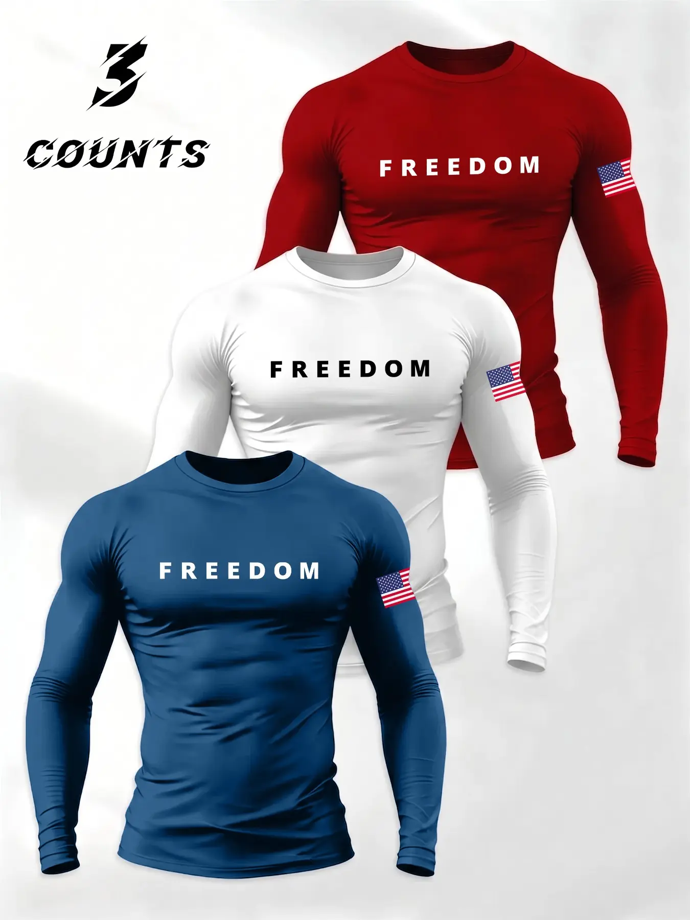 3 Pack Men's Compression Long Sleeve Athletic Shirts, Minimal FREEDOM Letter US Flag Sleeve Patriotic Slim Fit Base Layer Tees Multipack, Casual Workout Tops, Stretch Breathable 4th Of July Running Workout Tops
