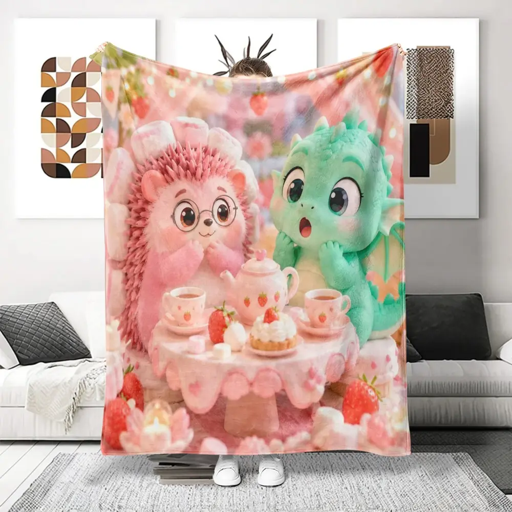 Two-In-One Flannel Blanket Wall Hanging, Cute Hedgehog Afternoon Tea Print, Soft Warm Washable, Birthday Gift for Friends, Home Decor, Cozy Throw Blanket