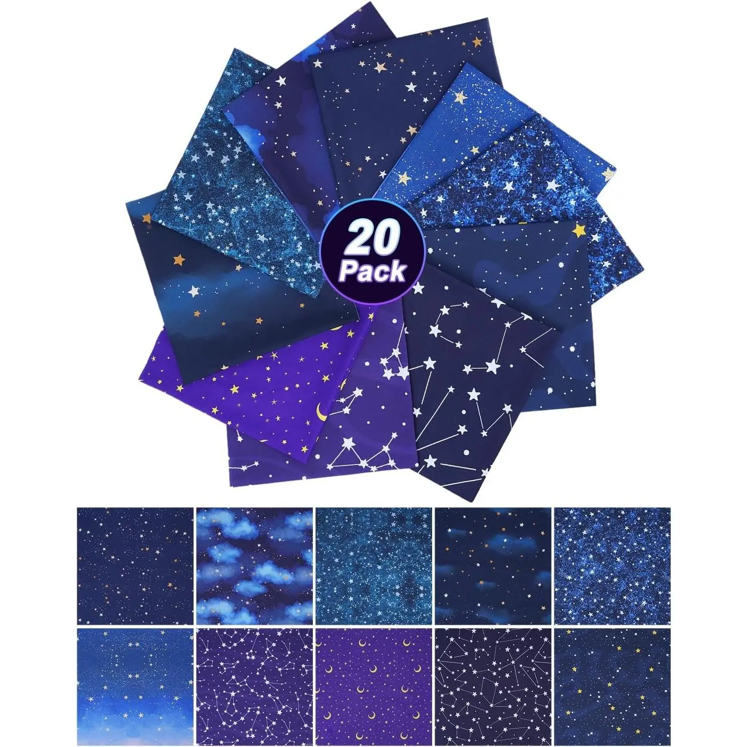 20 Pack 100% Cotton Precut 10 x 10 Inch Starry Sky Fabric Quarter Bundles for Quilting, Sewing Projects & DIY CraftsGift