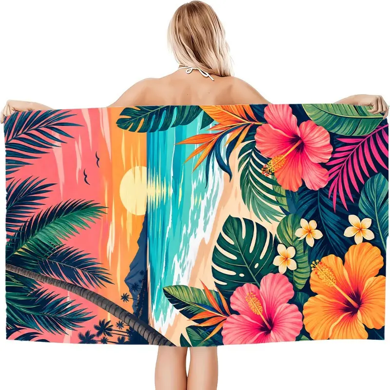 1 PC Women Beach Towels,30*60 Inch/35*72 Inch Hawaiian Tropical Hibiscus Palm Leaves Extra Large Soft Absorbent Quick Dry Beach Swimming Towel for Travel Picnic Quick Drying Towel