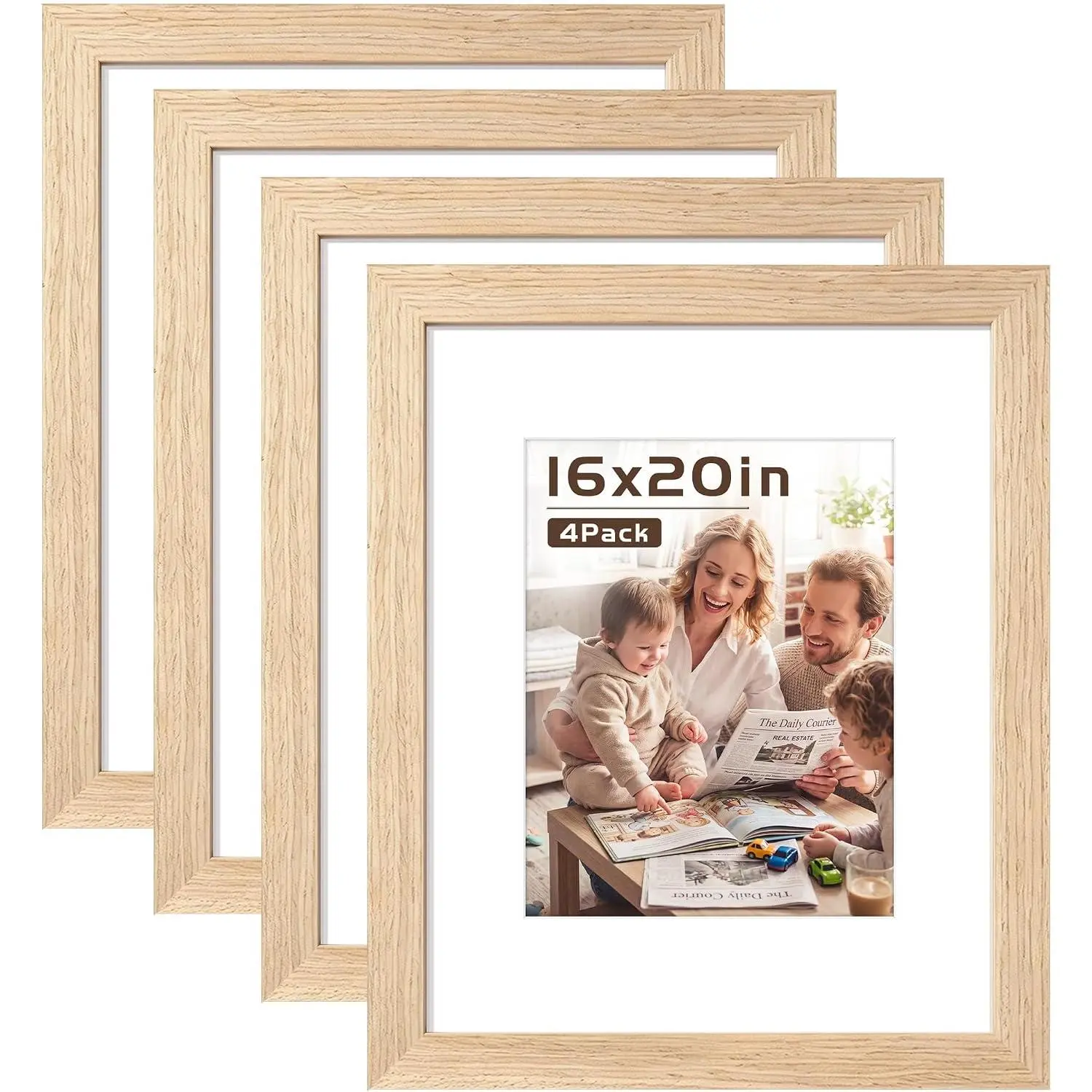 Solid  16x20 Frames, Gallery Wall Frame Set of 4,  | Display 11x14 with Mat or 16x20 without Mat, Wall Horizontal or Vertical Display, Woodgrain Finish
