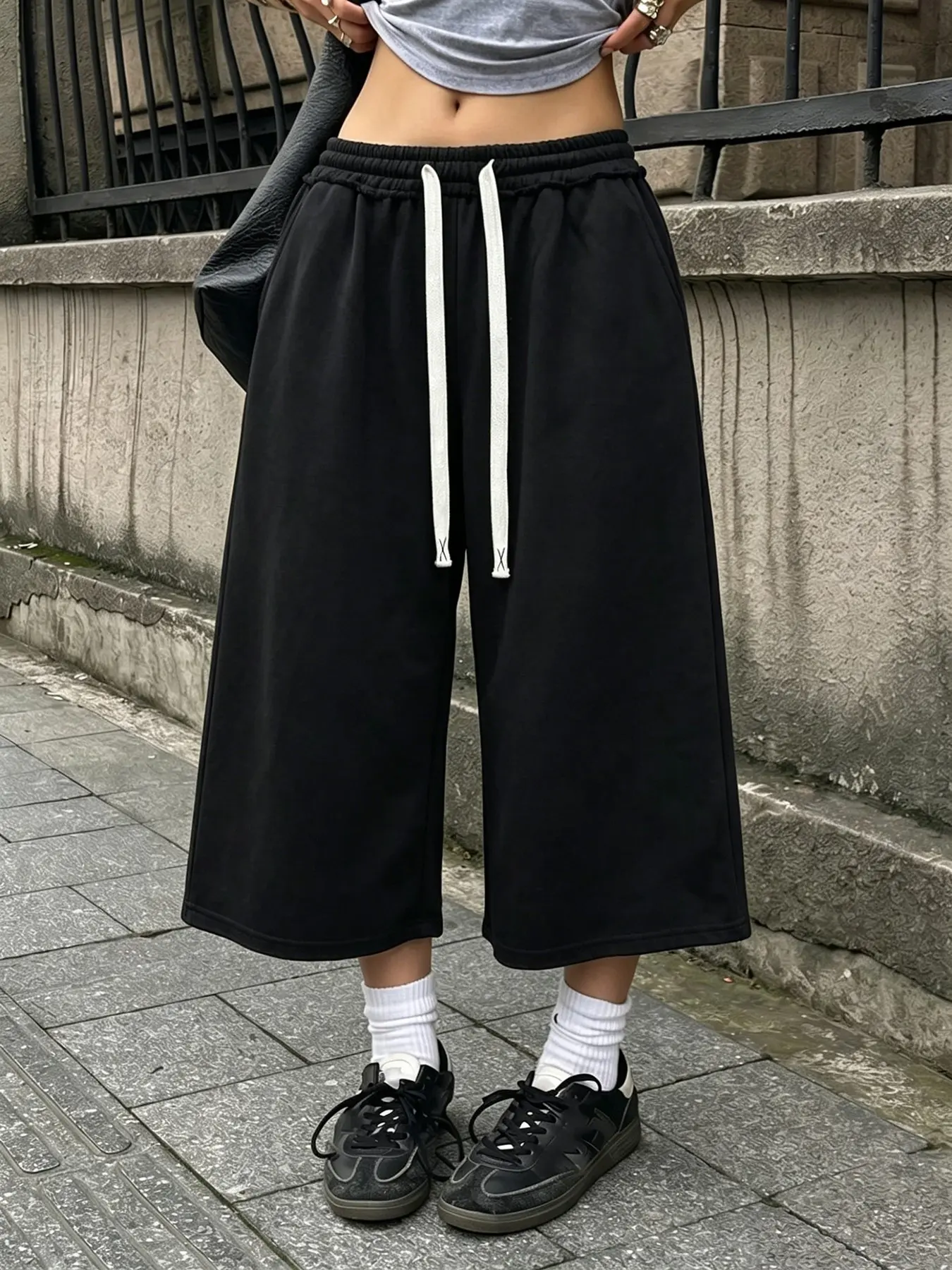 Women's Black Wide-Leg Cropped Trousers, Elastic Waist, Drawstring, Casual Chic Street Style, Perfect for Vacation/Street Fashion.
