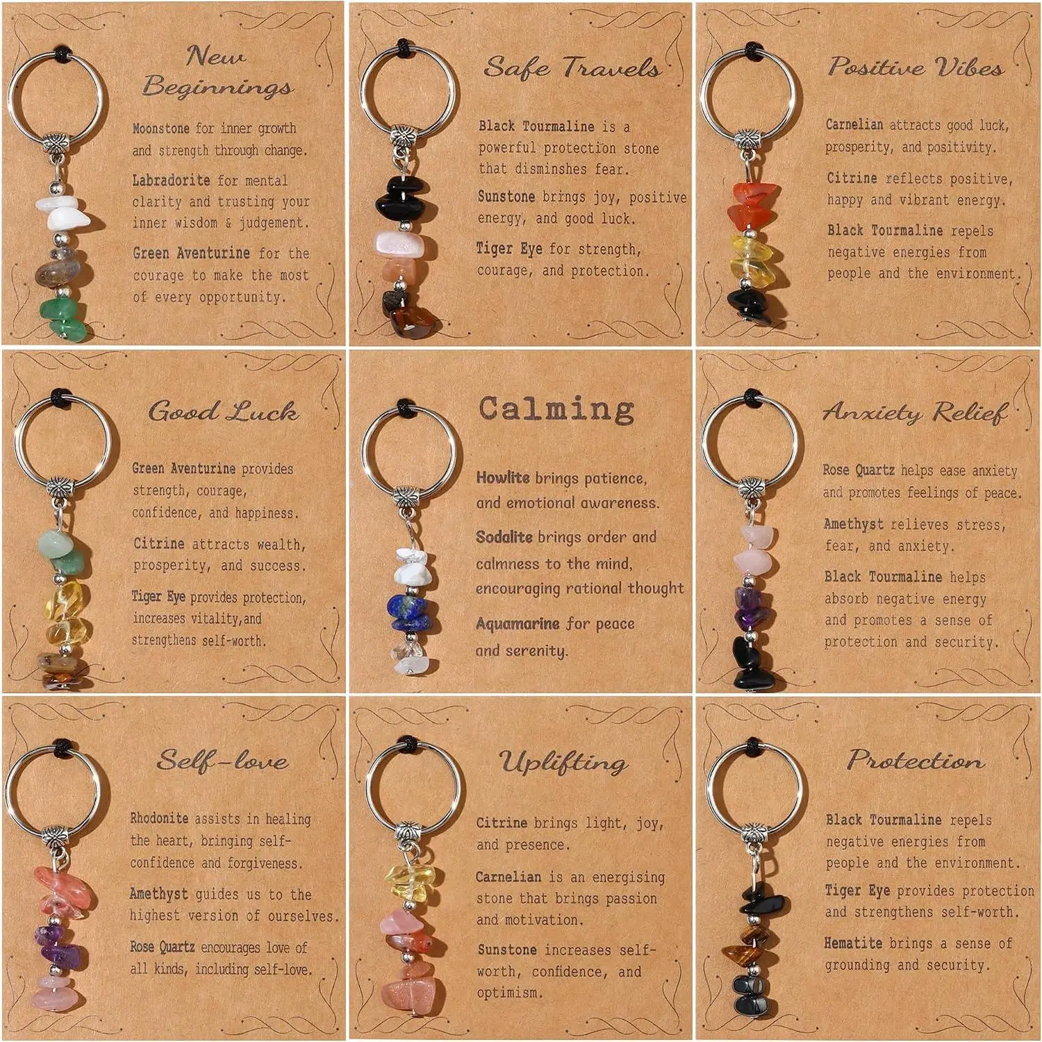 9Pcs Crystal Chip Keychains for Women, Natural Stone Gemstone Key Ring Set with Meaning Cards, Inspirational Gift for Friends, Family & Everyday Carry