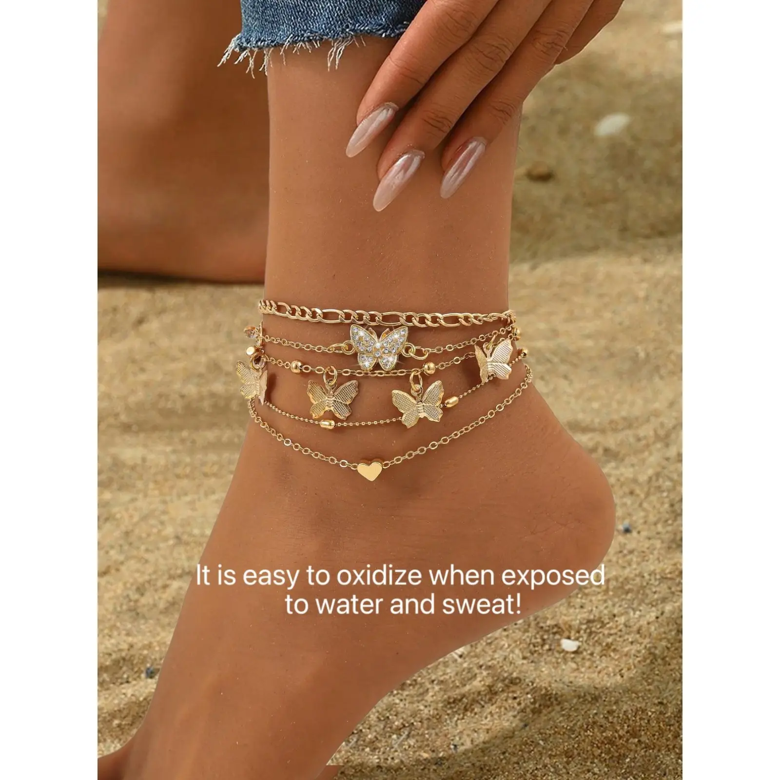 Set of 4 Boho Anklets for Women, Jewelry, Boho Style Jewelry, Jewelry Accessories, Multi-Layer Beaded Anklet Set with Butterfly & Heart Designs, Embellished with Synthetic Diamonds, For Summer Holidays, Beach Parties & Bikini Outfits, Foot Jewelry