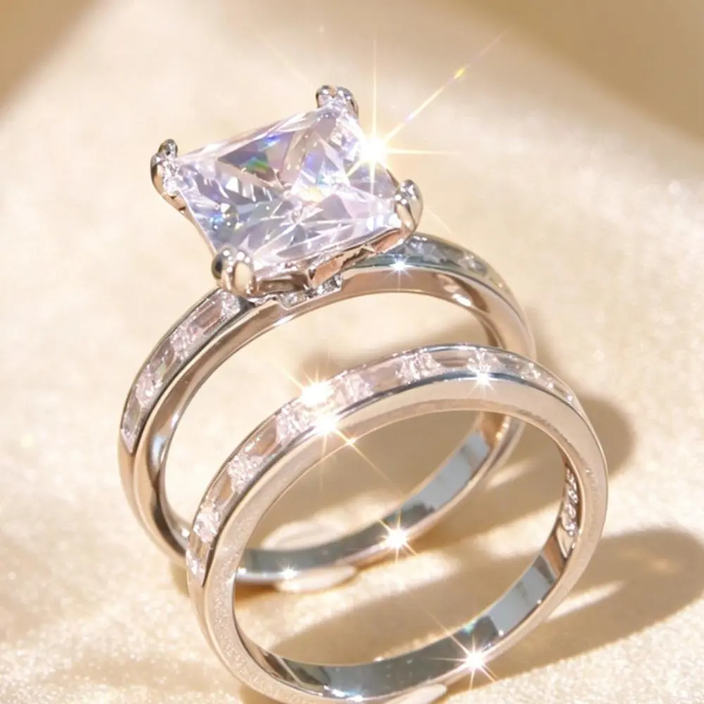 2Pcs Princess Cut Big Stone Stacking Ring Set Full Pave  Silver Plated Wedding Engagement Promise Band Bridal Jewelry Gift for Women