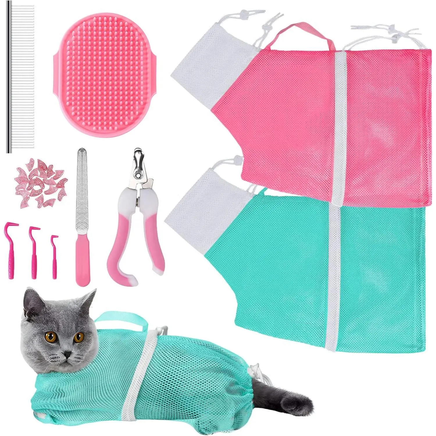 Cat Washing Bag 10 PCS Set, Adjustable Cat Shower Net Bag and Pet Grooming Brush with Nail Clipper Nail File Hair Combs Tick Tool Nail Caps for Bathing Nail Trimming Examination(Pink+Green)