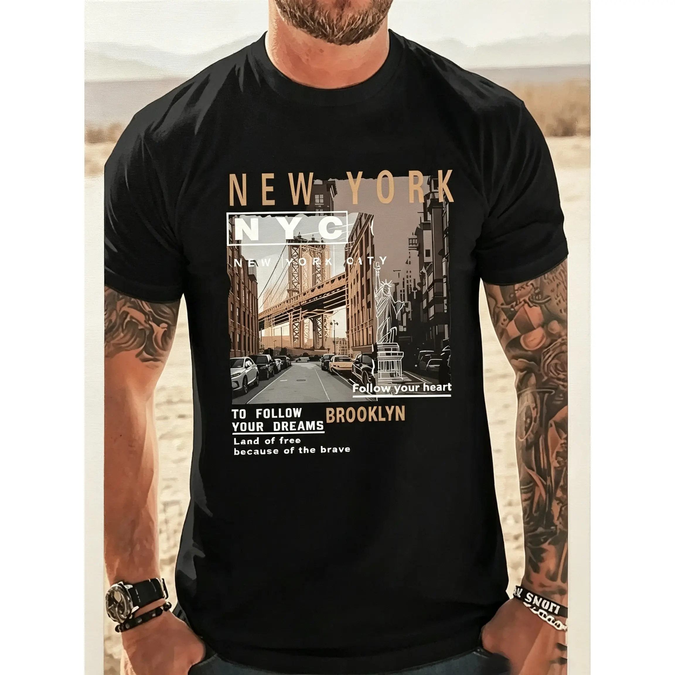 Men's Retro Brooklyn Fade-Free Print Short-Sleeve Sports Top - Soft Round Neck, Regular Fit Stretch Cotton Blend Menswear Apparel, Unisex Casual Streetwear