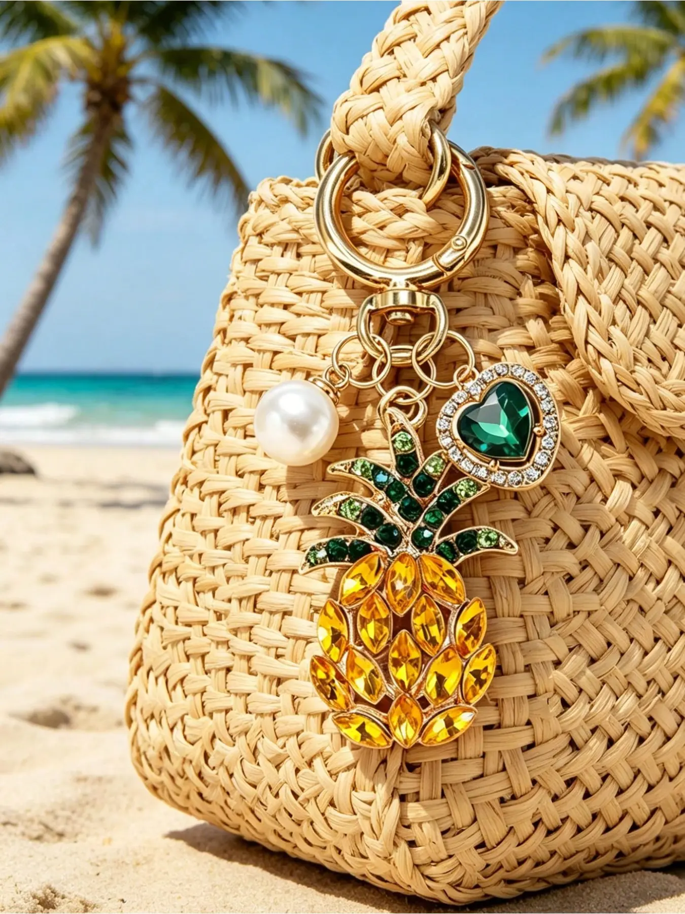 Boho Tropical Pineapple Keychain for Women Men, Rhinestone Pineapple Pendant with Pearl Heart, Cute Kawaii Bag Charm, Hawaiian Summer Back to School Gift for Friends Teachers Family