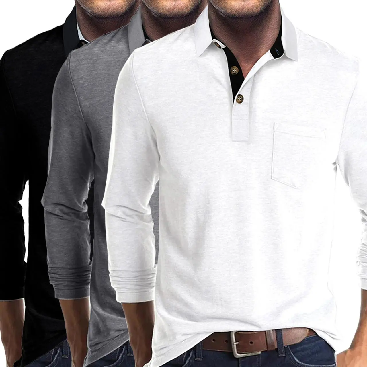 Men's Polo Shirts, 3-Pack Casual Long Sleeve Plain Tops with Button Placket for Everyday and Evening Wear, Menswear, Longsleeves