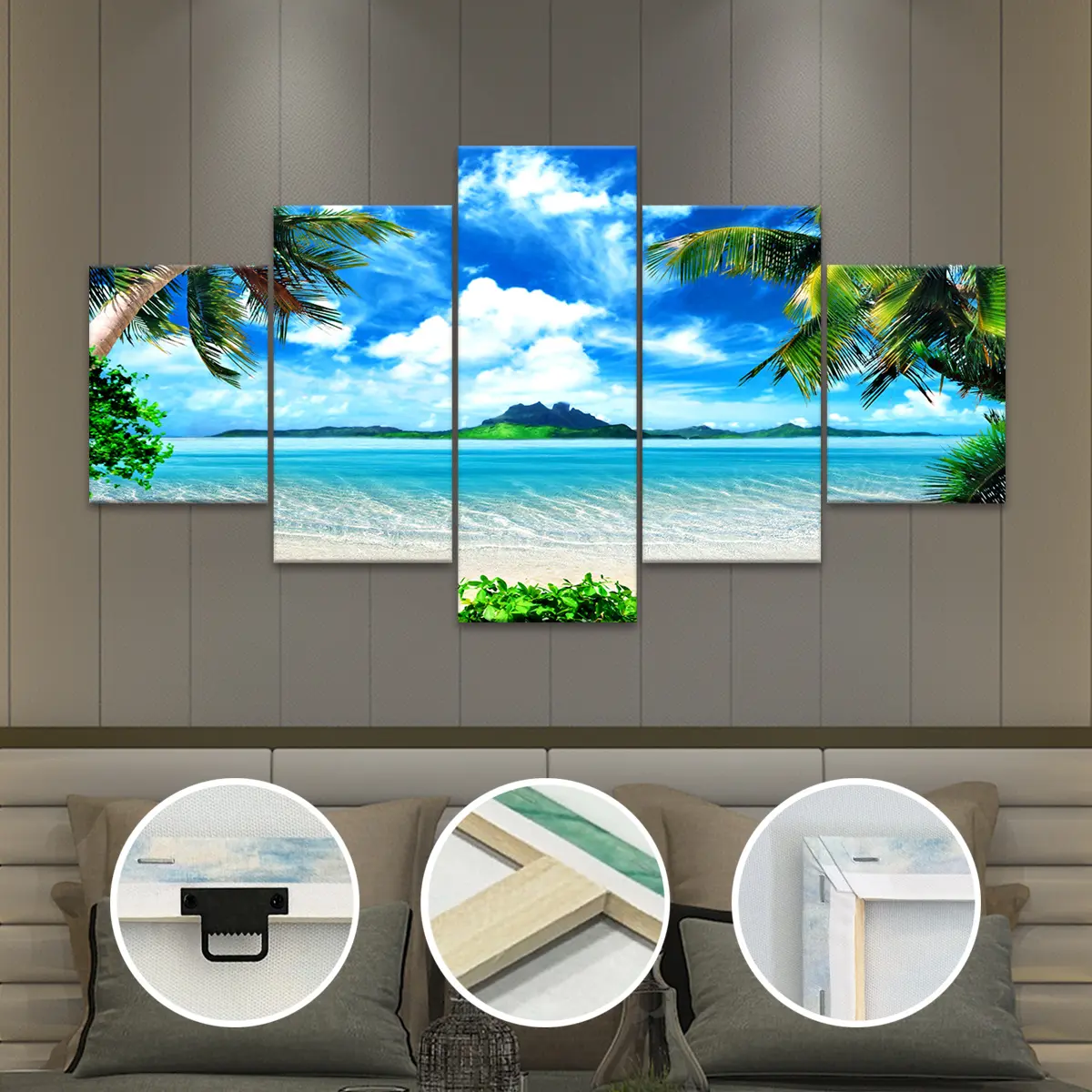 5-Piece Wooden Framed Canvas Prints With Blue Sky, White Clouds, Sea, Coconut Trees And Beach Coast, Stylish Posters, Home Decor Artworks, Pattern Wall Art, Suitable For Wall Decoration Of Living Room, Bedroom, Office, Dining Room And Bar, Waterproof And