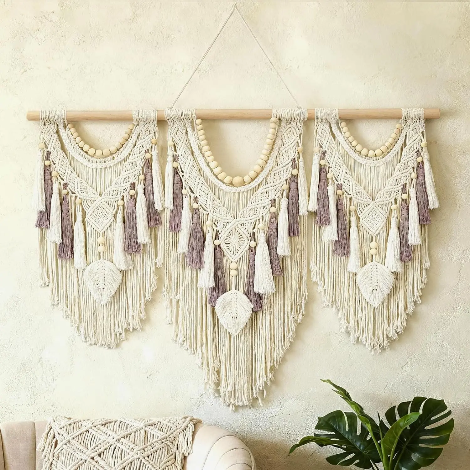 Macrame Wall Hanging, 43"x32" Boho Wall Tapestry, Large Wall Art for Bedroom, Living Room, Dining Room, Nursery, Gallery, Office (Leaf&Bead)