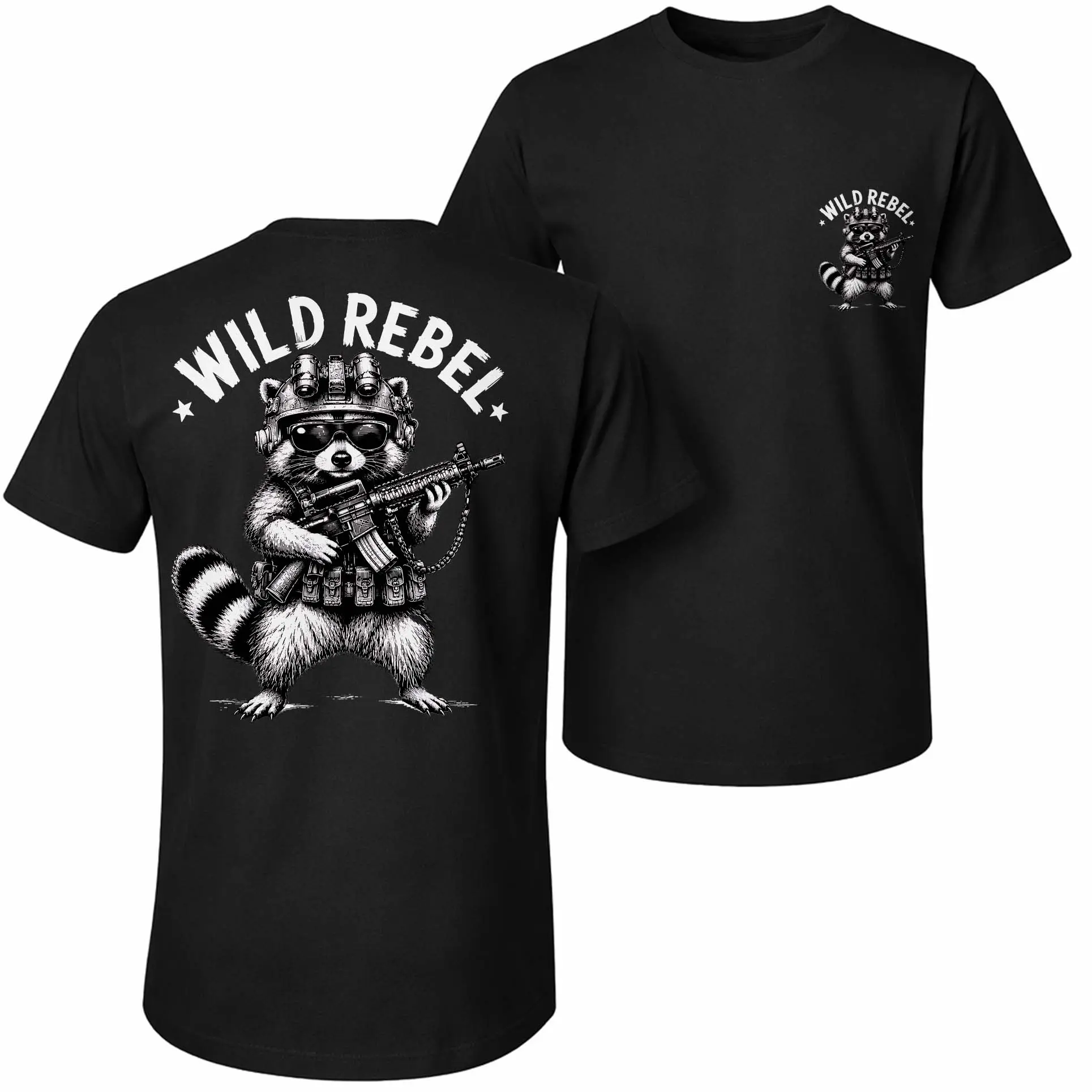 Men’s 100% Cotton A Fully Armed, "Wildly Rebellious" Raccoon. Print T-Shirt, Casual Short Sleeve Crew Neck Sports Style Tee, Soft Breathable Streetwear Top for Daily Wear, Travel, Outdoor Activities and Summer Casual Fashion