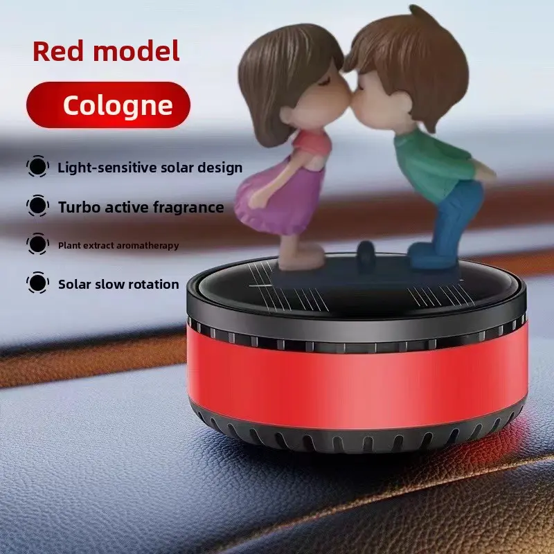 Solar-Powered Car Air Freshener Ornament - Slow-Rotating Perfume Accessory with Princess Hug-Kiss Doll, God of Fortune Crown Motifs, Metal Body for Automobile Interior Decoration