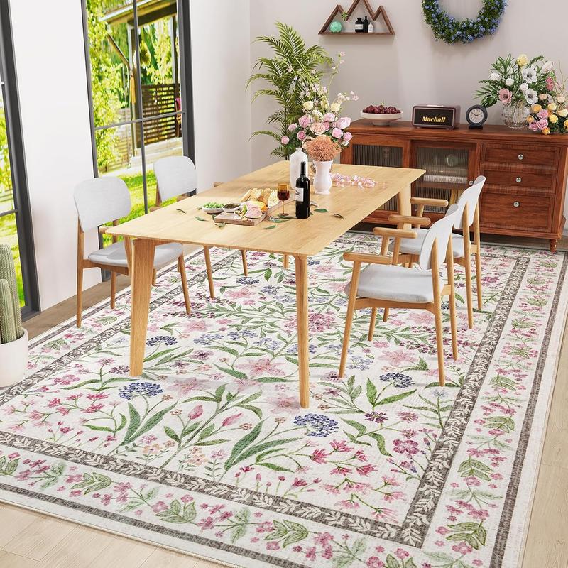 Amearea 8x10 Area Faux Cashmere Rugs for Living Room, Washable Area Rugs 8 x 10 Pink Floral Rug, Vintage Low Pile Cute Room Print Carpet, Non Slip Office Nursery Bedroom Dining Room Farmhouse Decor