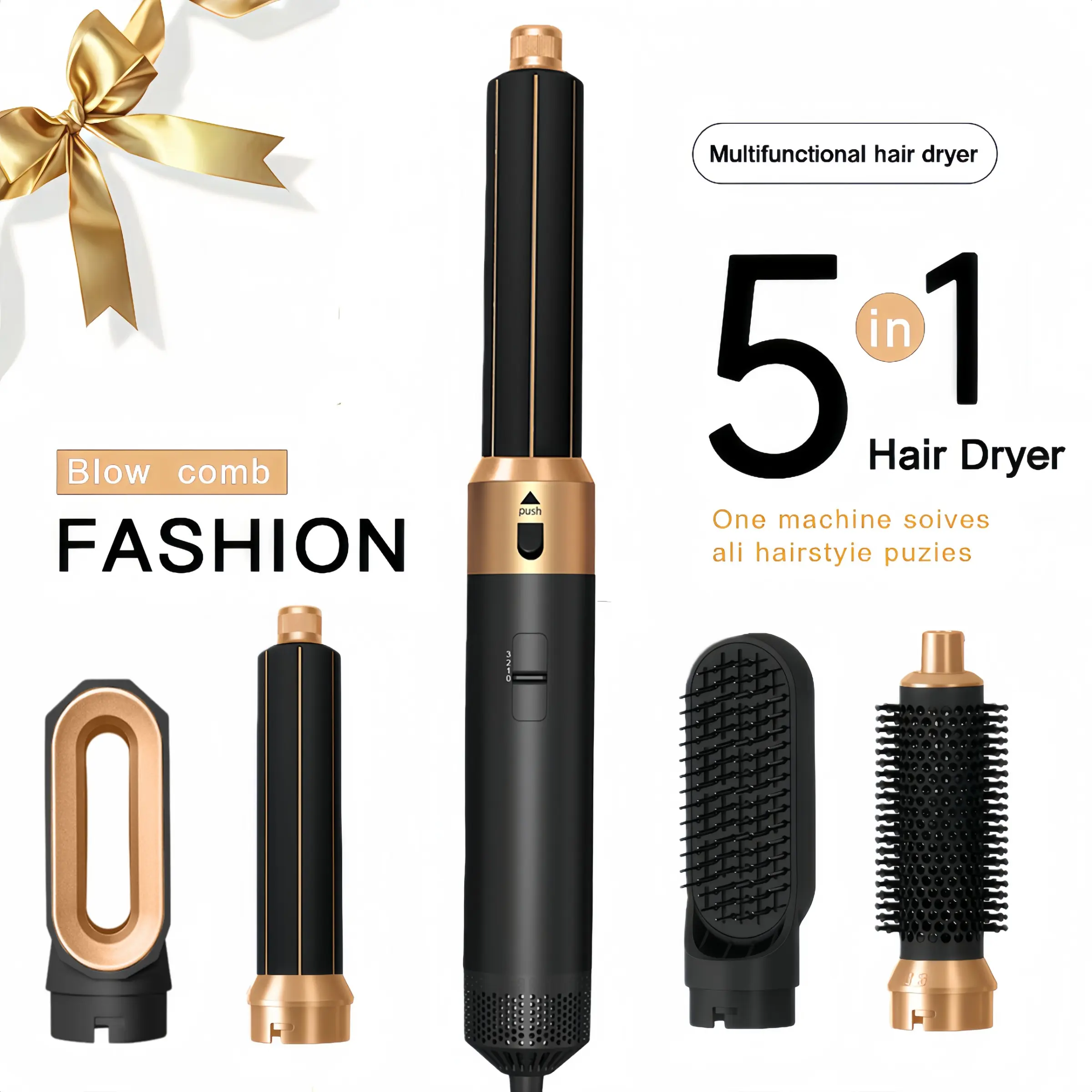 1pc Black and Gold 5-in-1 Hot Air Automatic Curler Hair Dryer Brush Styler with3 Temperature Settings One-Step Heating Air Comb for Drying/Straightening/Curling with Interchangeable Rotating Heads, Straightener Hair Dryer