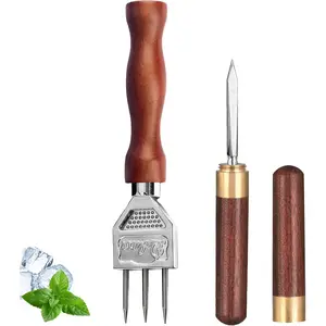 Ice Pick Set of 2 Three Pronged lce Pick, Stainless Steel Ice Pick with non-slip Wood Handle, Durable Carving Bartender Tool(7inch 2pcs)
