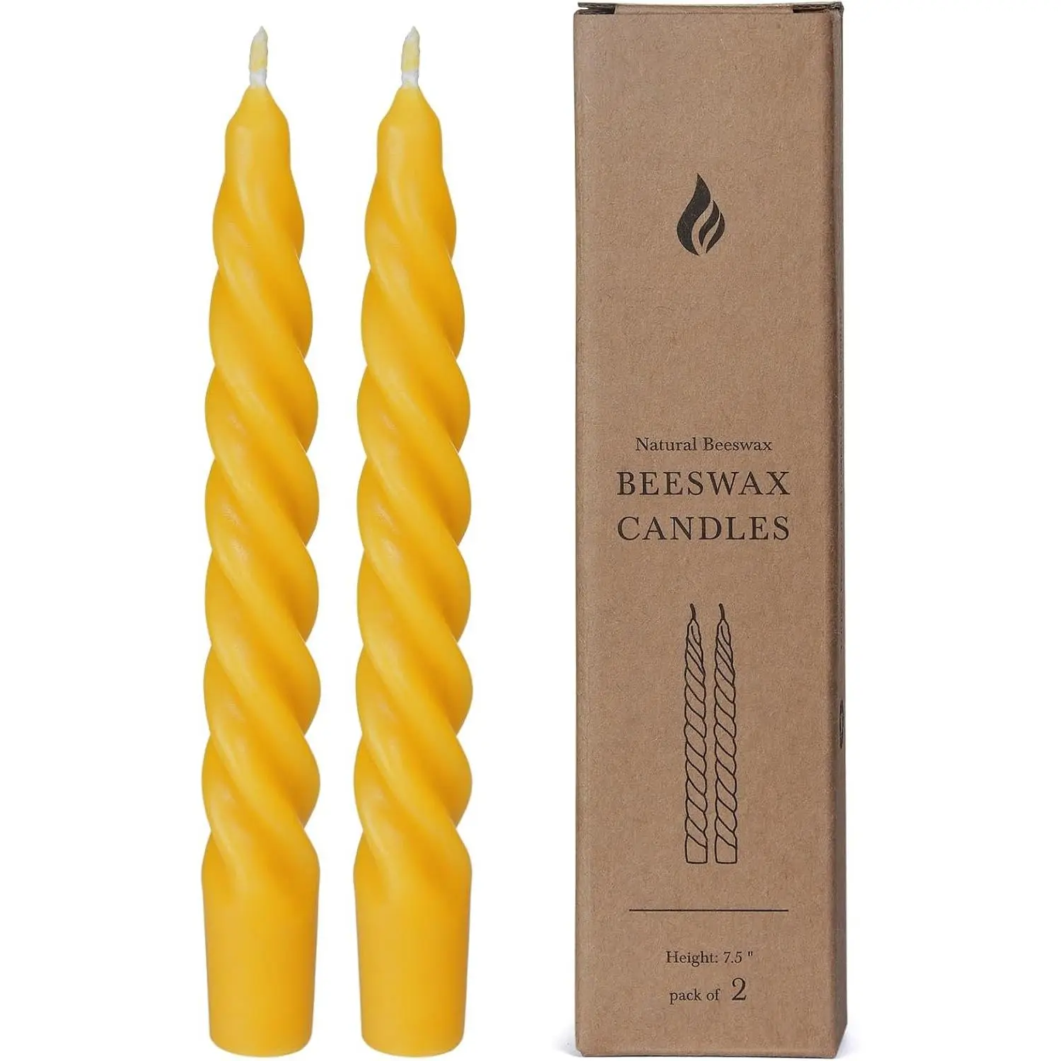 2 count 7-Inch Pure Beeswax Spiral Taper Candles,  , Dripless | Warm Golden Tone, 5-Hour  Time, Even , Spiraled Silhouette,  Wick, Wedding & Holiday Decor