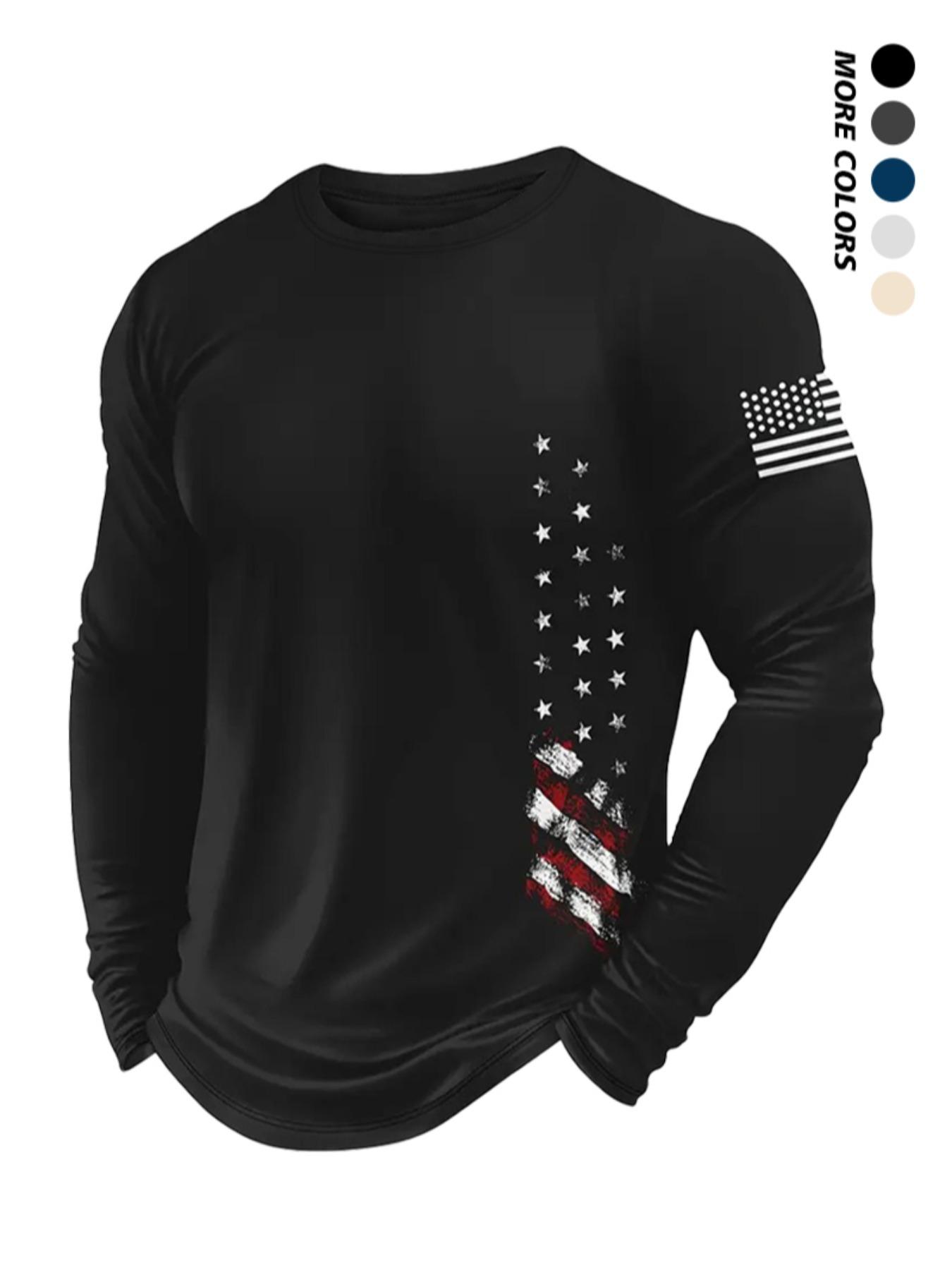 Men's American Flag Print Graphic Round Neck Long Sleeve Tee, Regular Fit Fitted Casual Crew Neck T-shirt for Fall & Winter, Men's Top for Daily Wear