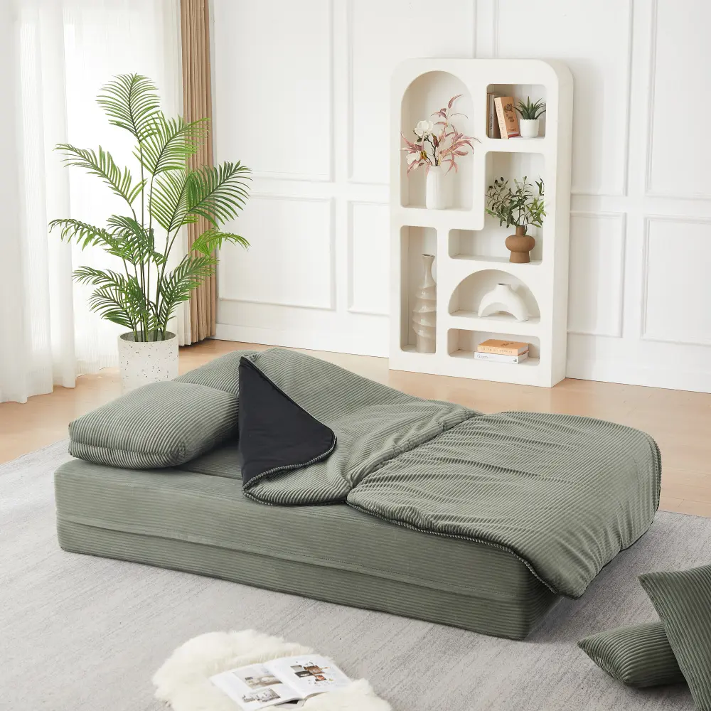 Littleox 75''2-in-1 Foldable Sofa,Convertible Sleeper Foam Sofa Bed with Multi Functional Blanket, Corduroy Floor folding sofa bed,  Floor Sofa Lounge Sofa for Living Room Bedroom Lounge Studio