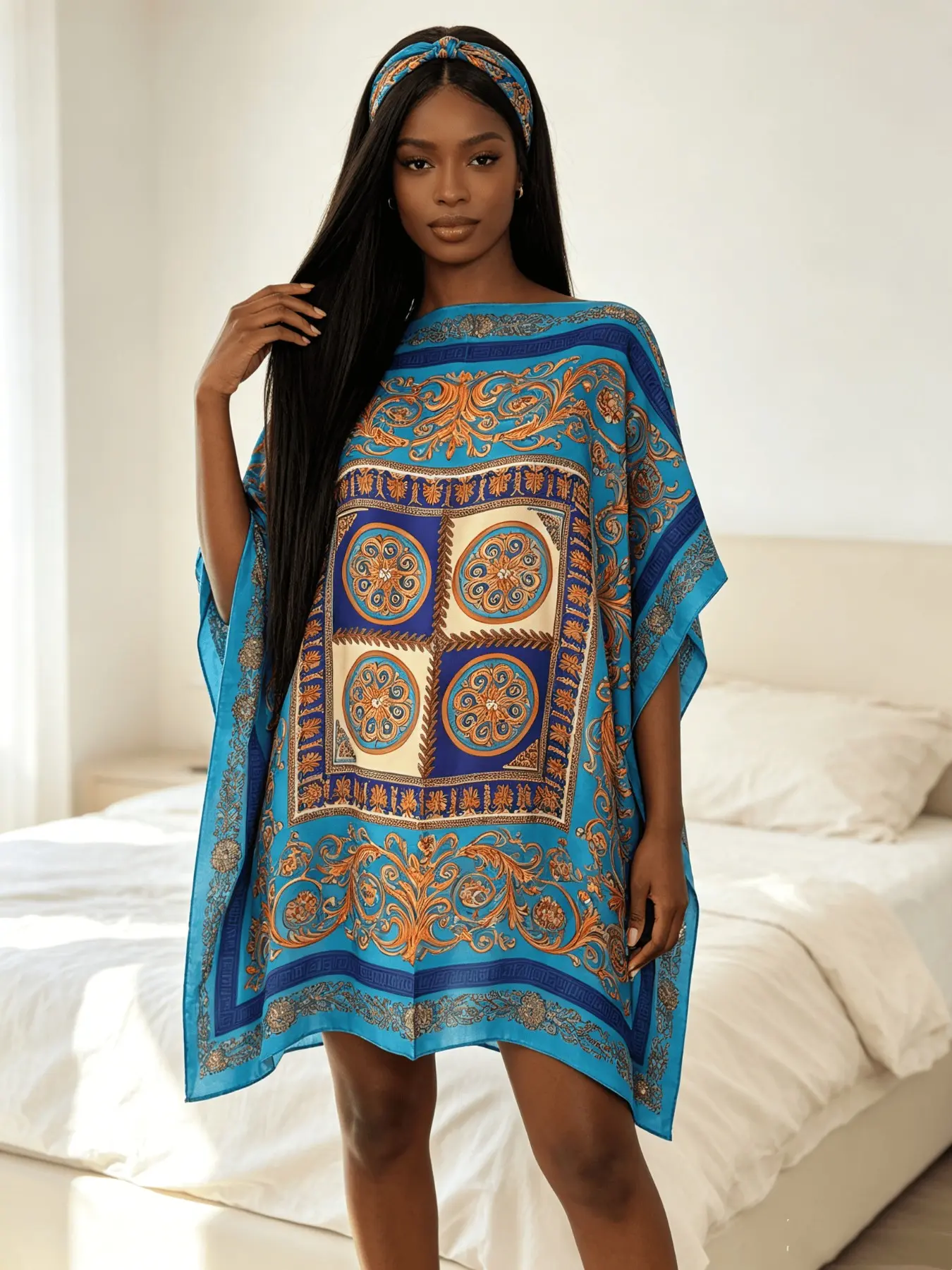 Elegant Royal Blue Ornate Square Scarf Print Satin Caftan Dress Women Oversized Lounge Dress Curvy Figure Friendly Night Dress Casual Daily Beach Outfit