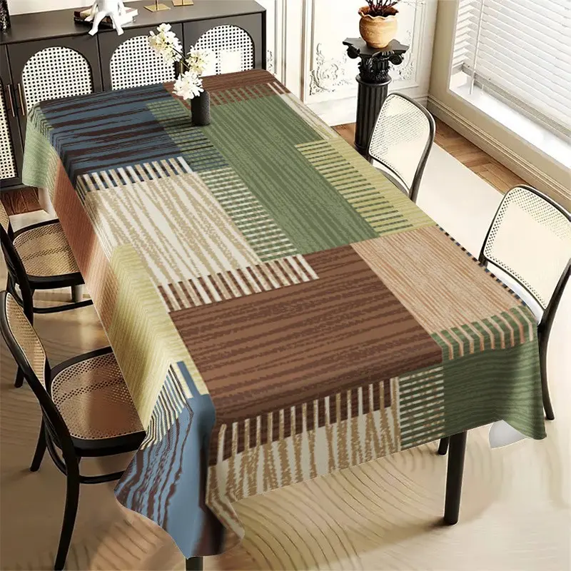 Retro multi-color striped pattern printed straight-edge tablecloth, water-resistant and stain-resistant Durable reusable square tablecloth, suitable for decoration in living rooms, dining rooms and hotels