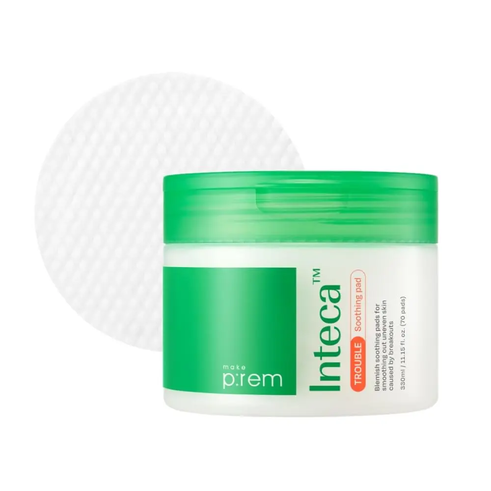 MAKE P:REM INTECA Trouble Soothing Pads, Dual-Texture Jumbo Pad for Exfoliating, Blackheads and Sebum Care for Sensitive Skin, Korean Skin Care, 11.15 Fl Oz, 330ml (70 Pads)