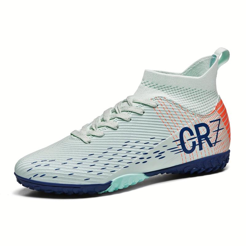 Men's High-top Soccer Shoes - Non-slip, Breathable, Lightweight, Soccer Boots with AG Studs, Suitable for Outdoor Training and Matches, Black with Yellow Accents, CR7 Design, PU Upper, Rubber Sole, Lace-up Closure