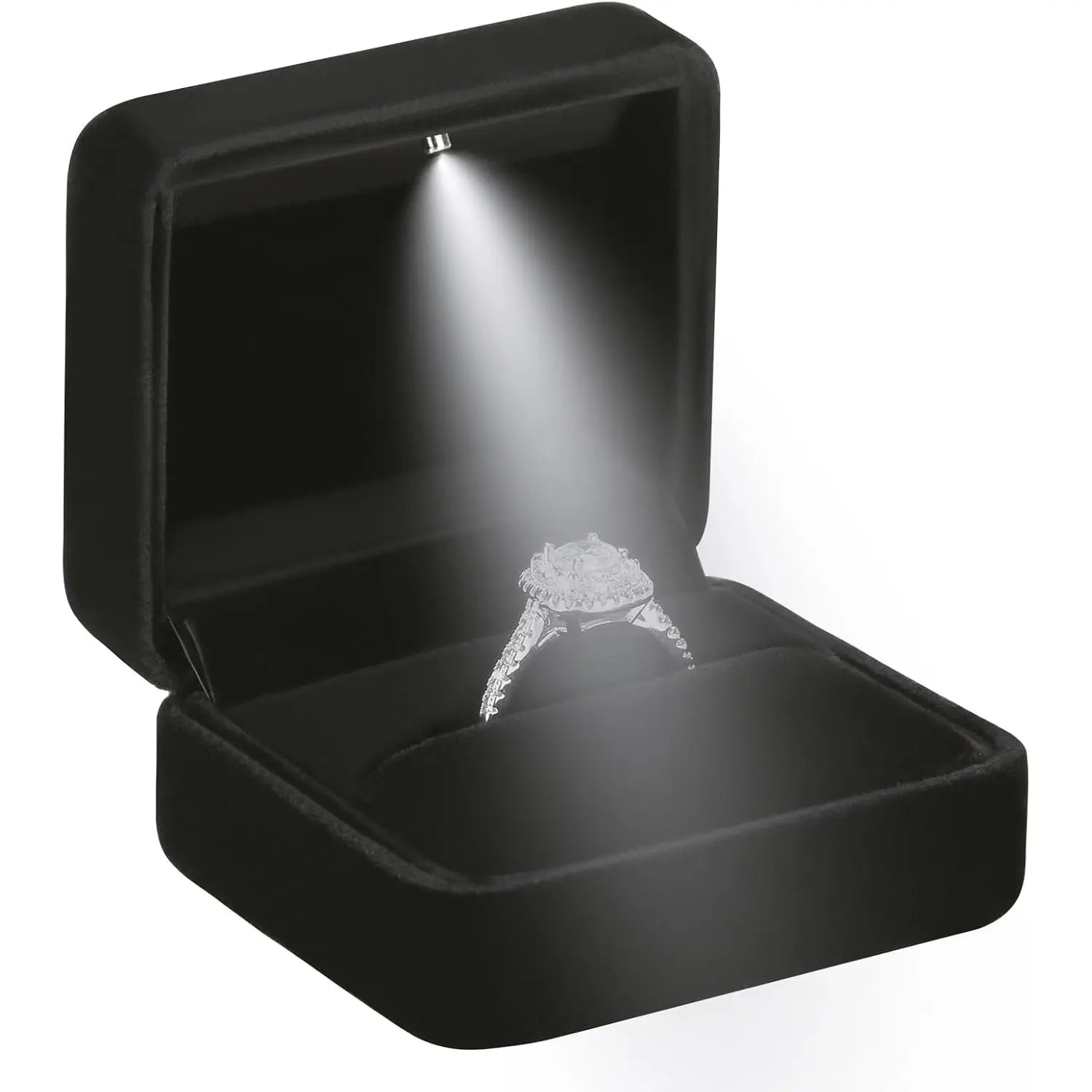 Classic Metal Glossy  Ring Box with LED Light,  Ring  Box for Proposal Engagement Wedding Anniversary Birthday Ceremony (Black)