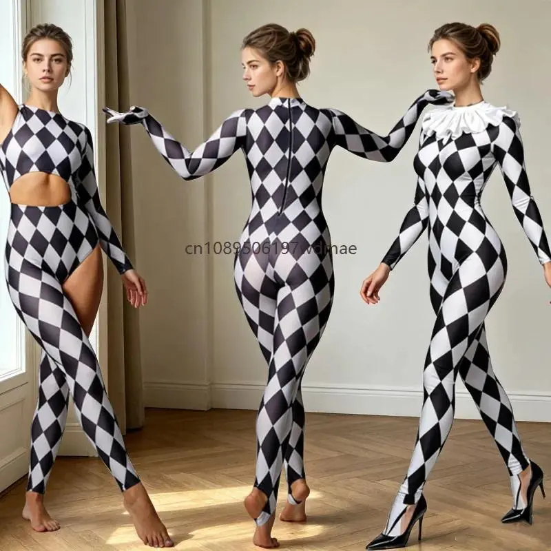 Clown Black White Lozenge Print Women Jumpsuit Spliced Cutout One Sleeve Long Sleeve Bodysuit Halloween Cosplay Circus Costume