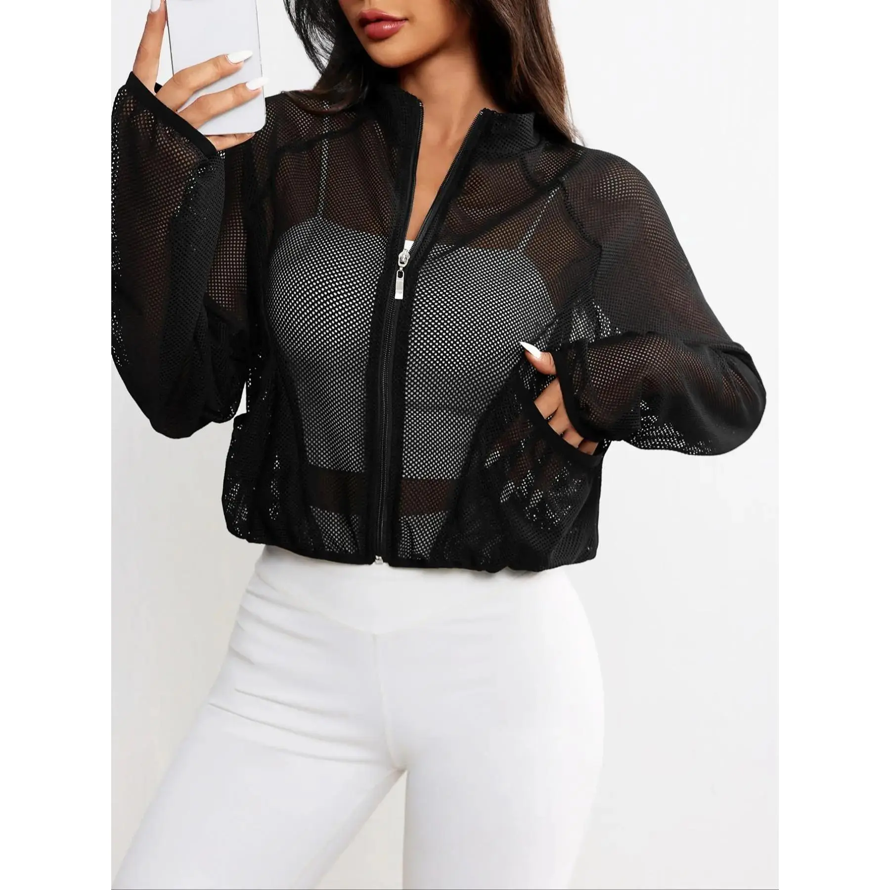 Women's High Neck Quick-Dry Mesh Yoga Jacket, Transparent Sexy with Pockets, Casual Sporty Long Sleeve Loose Fit Yoga Jacket Top, Sports Outerwear Activewear Workout Jackets Workout Clothes