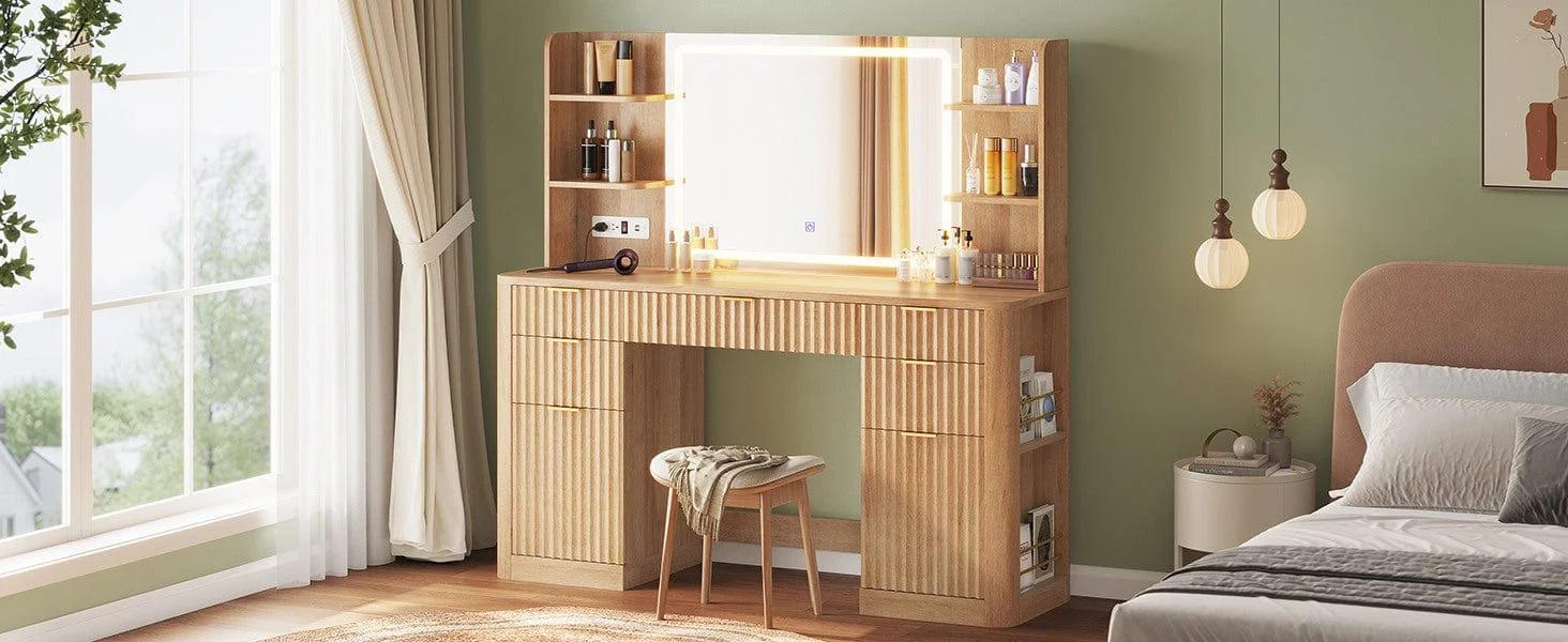51.2 Inches Fluted Makeup Vanity with Mirror and Lights Oak