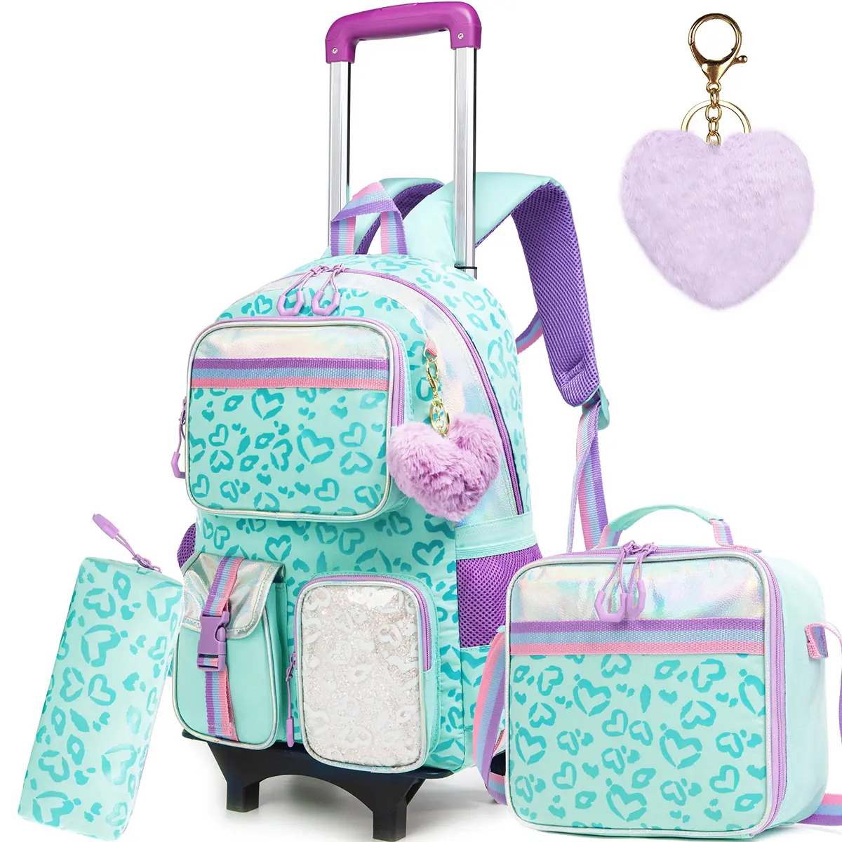 Kids Rolling Backpack Set Girls School Bag with Lunch Box Pencil Case Cute Teal Purple Heart Print Trolley Bookbag