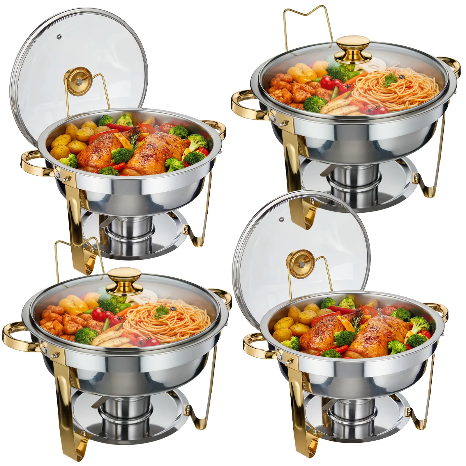 Garvee Elegant Buffet Presentation | 5QT Round Stainless Steel Chafing Dish Set with Glass Lids – Gold Food Warmer, Fuel Holders, Dishwasher Safe, Large Capacity for Catering, Banquets & Restaurants