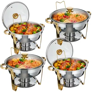 Garvee Elegant Buffet Presentation | 5QT Round Stainless Steel Chafing Dish Set with Glass Lids – Gold Food Warmer, Fuel Holders, Dishwasher Safe, Large Capacity for Catering, Banquets & Restaurants