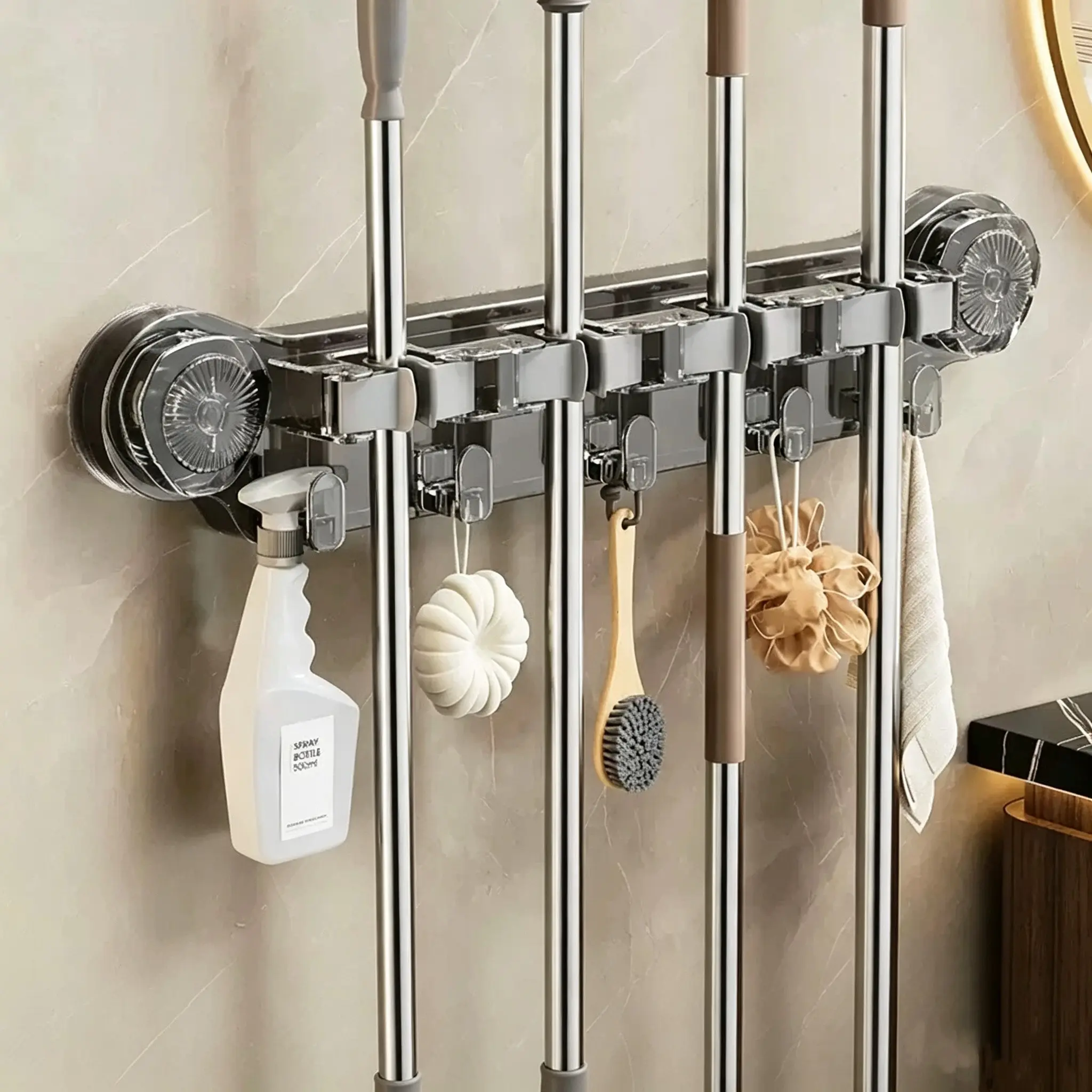 Wall-Mounted Mop Holder with Suction Cup, No Drill Hook for Bathroom, Space-Saving Storage Rack for Mops and Brooms, Easy Installation
