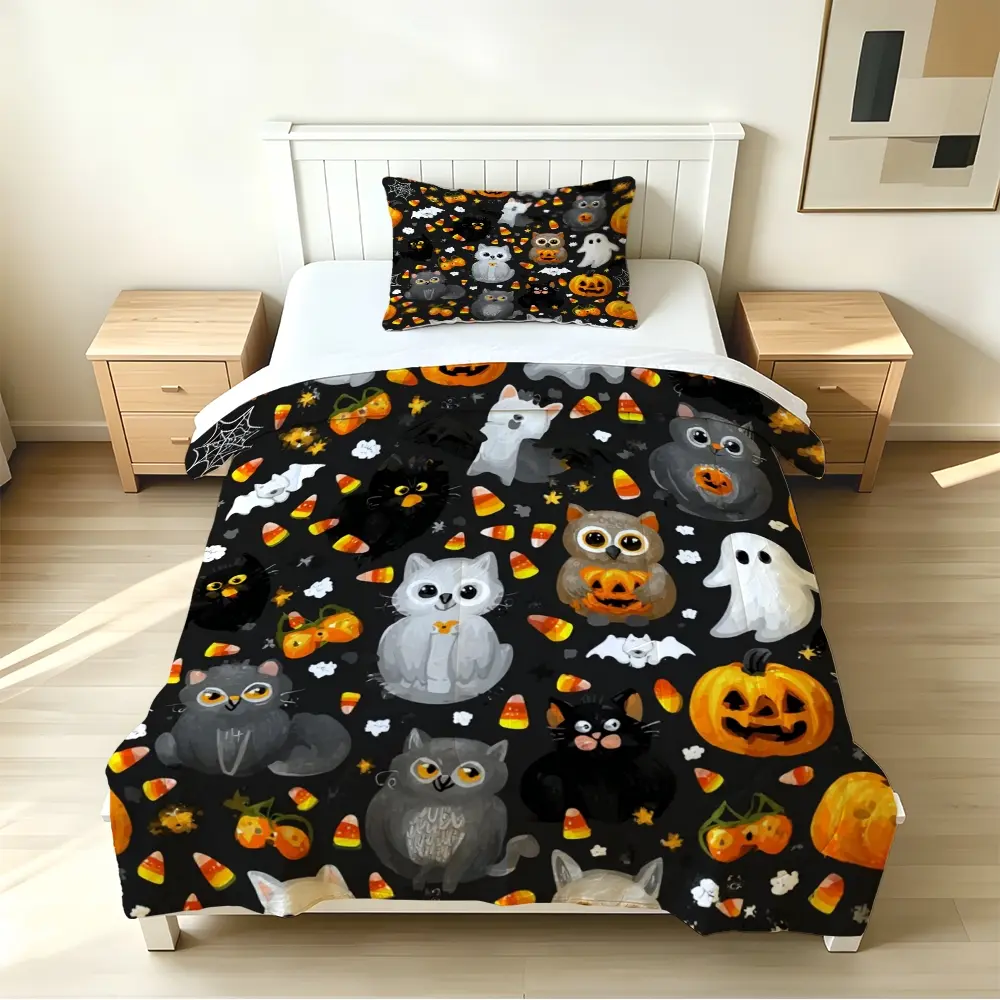 2/3pcs (1 comforter + 2 pillowcases) Halloween Cute Cartoon Cat Pumpkin Ghost Owl Bedding Set, Microfiber Soft Lightweight Hypoallergenic, Wrinkle & Fade Resistant Easy Care All Season Use, Matching Pillowcases, Durable Fabric for Bedroom Guest Room