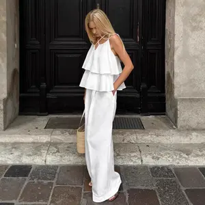 Clean Line Ruffle Halter Back Tie Linen Two Piece Matching Set, Breathable Light Crinkle Linen Blend Fabric, Tiered Open Back Cami High Waist Loose Wide Leg Pants, For Weekend Cafe Coastal Casual Walk, Versatile Soft All-white Summer Co-ord
