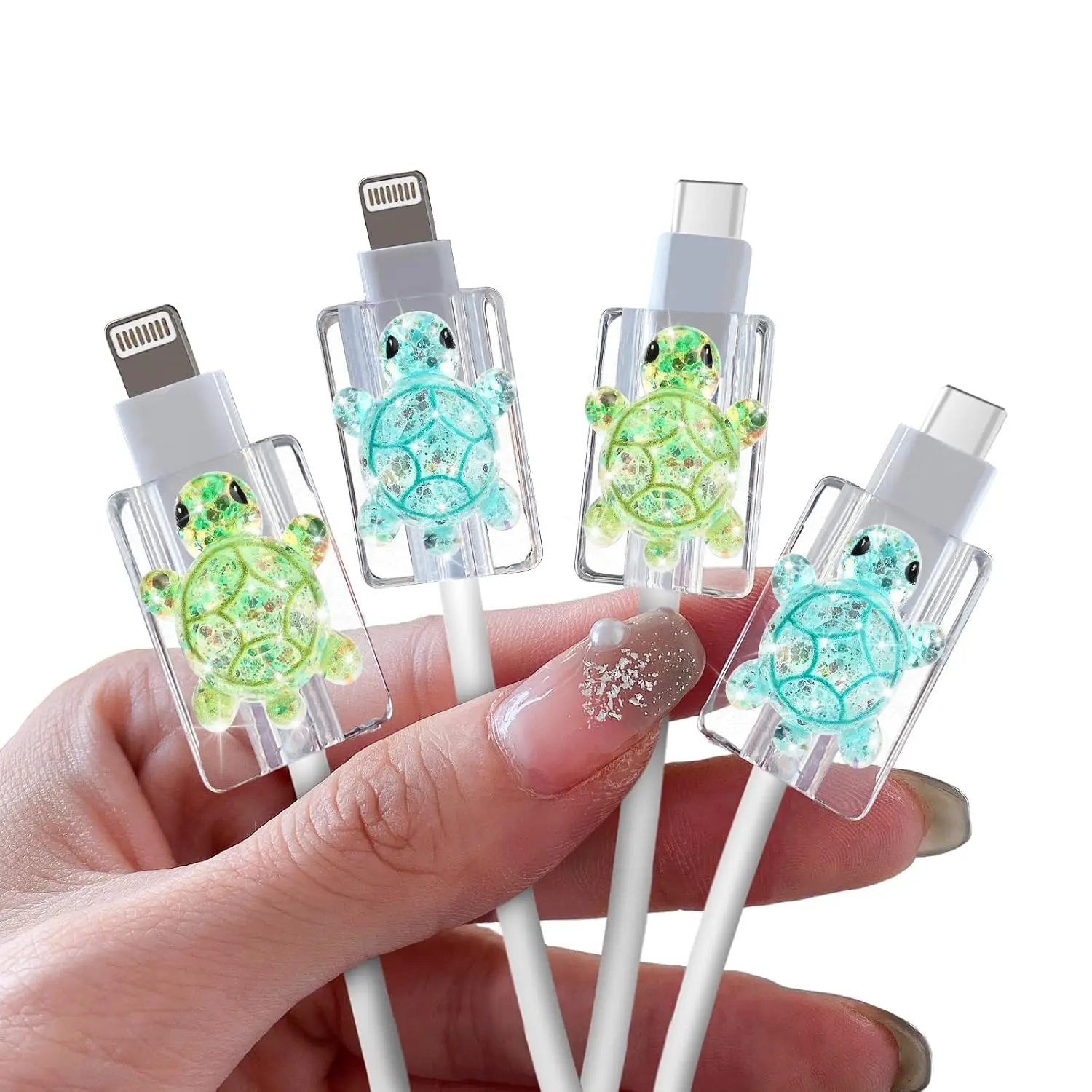 4 count Cute  Protectors Compatible for  Cables, Charger End Cord Protector with  Sparkling Turtle Design, Data  Protection Compatible with  iPad USB Type-C/L, Cyan+Green
