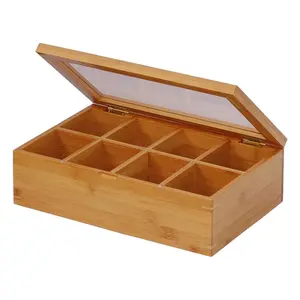 Bamboo Tea Box, Countertop Storage Organizer for Tea Bags and Accessories, Natural Wood Finish, Kitchen Pantry Container