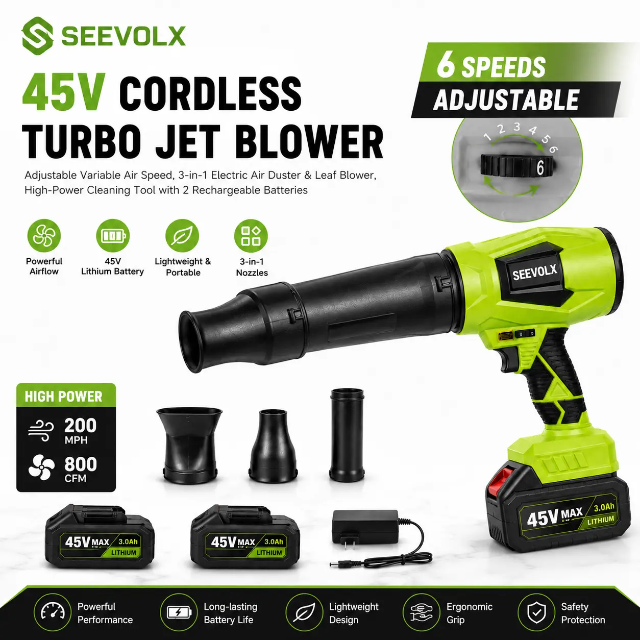 SEEVOLX 45V Cordless Turbo Jet Battery-Operated Blower, 3-in-1 Electric Air Duster with Adjustable Variable Air Speed, High-Power Cleaning Tool for Cars, Garage, Outdoors & Car Detailing Tasks, 2 Rechargeable Batteries
