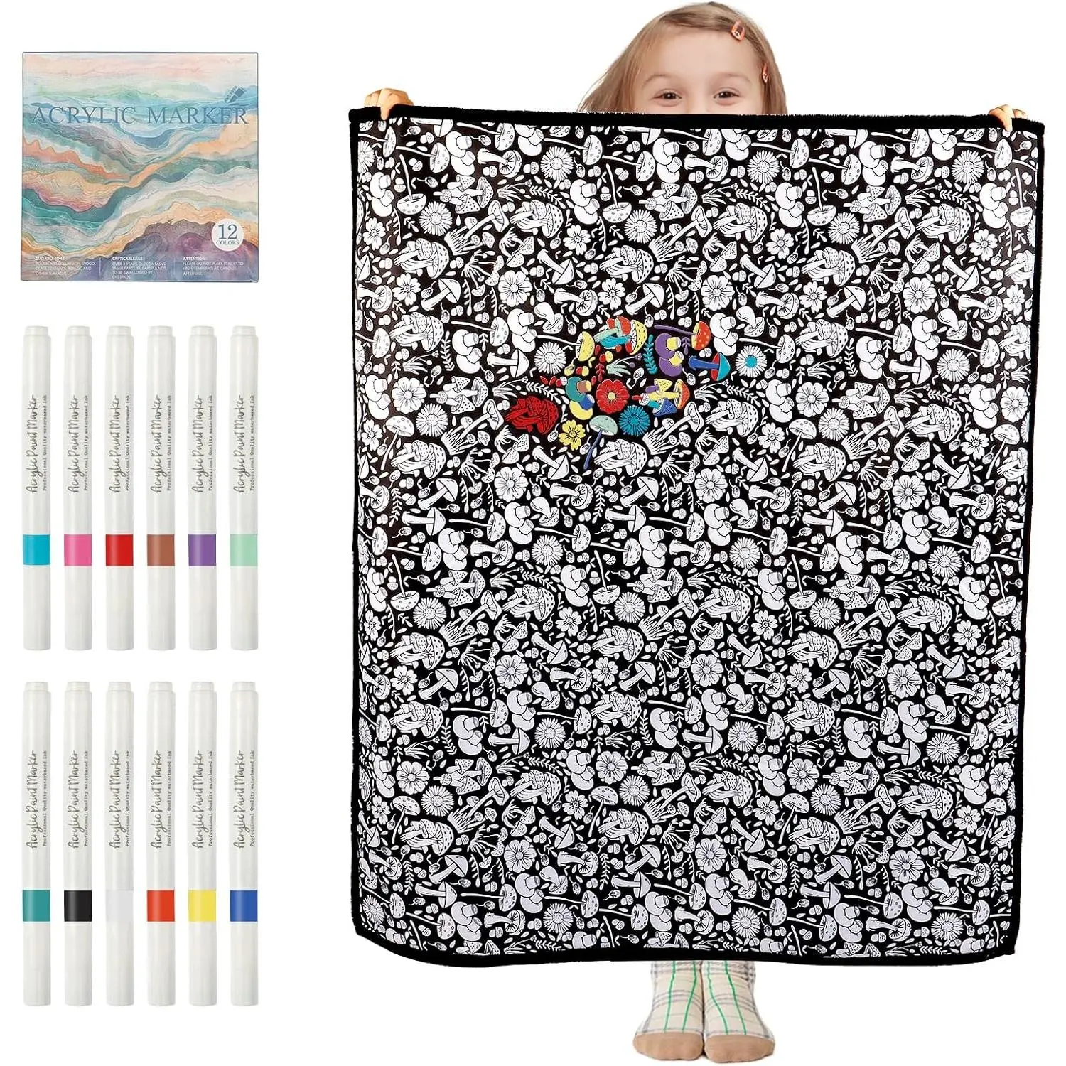 Creative DIY Unisex Coloring Blanket Set - Cozy Colorable Throw Blanket with 24 Washable Markers, Room Decor for Camping & Hiking Sleeping Gear Use